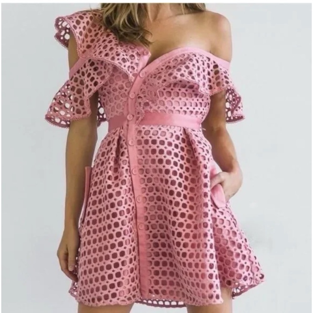 Self-Portrait Pink Asymmetrical Flutter Sleeve Mini Dress